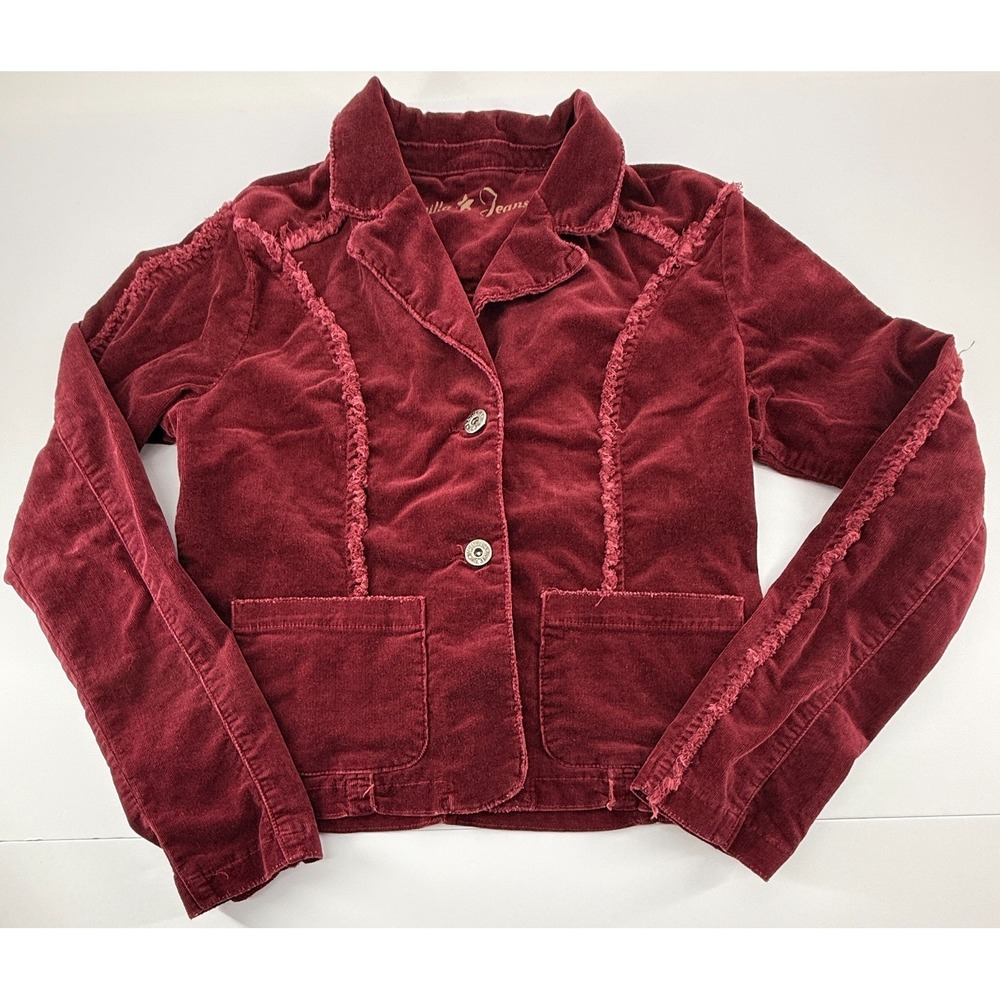 Vanilla Jeans Jacket Womens Large Burgundy Corduroy Cropped Raw Edge Button Y2K